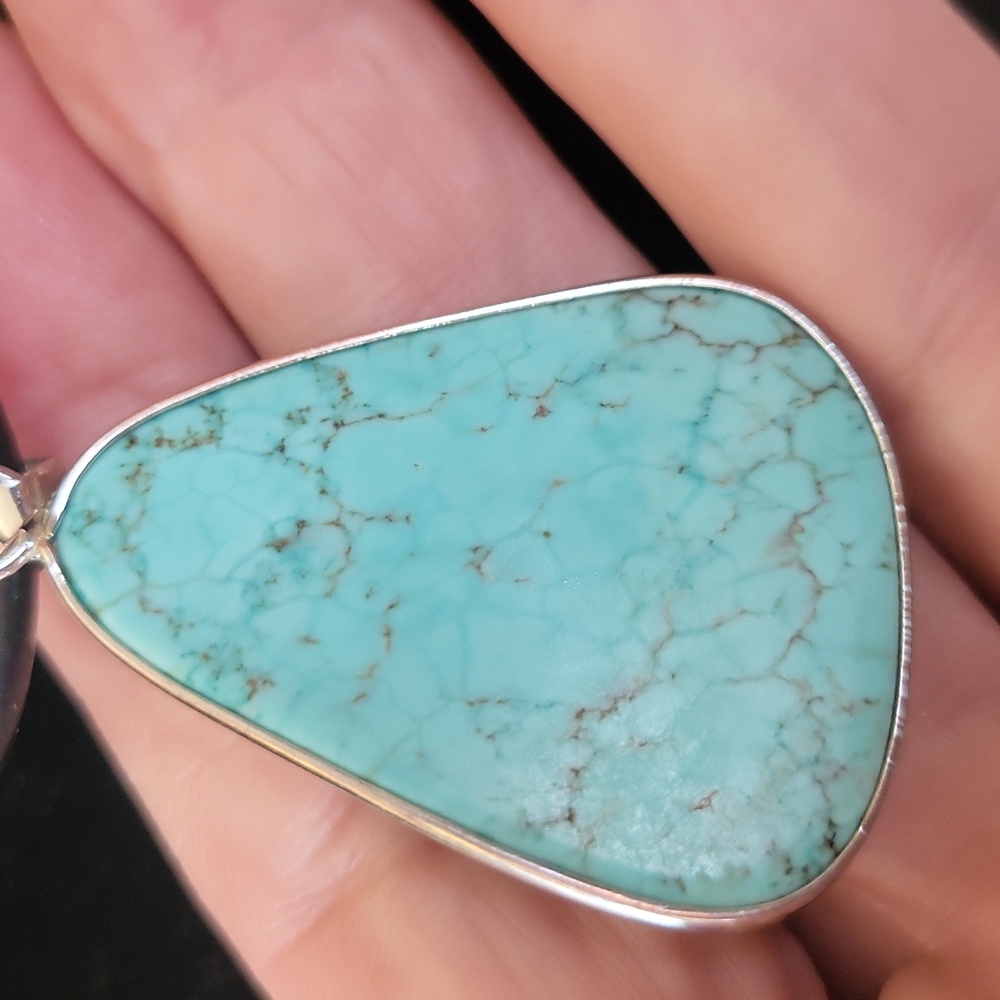 Turquoise Navajo Native pendant necklace on black leather silver hardware. - Picture 3 of 16
